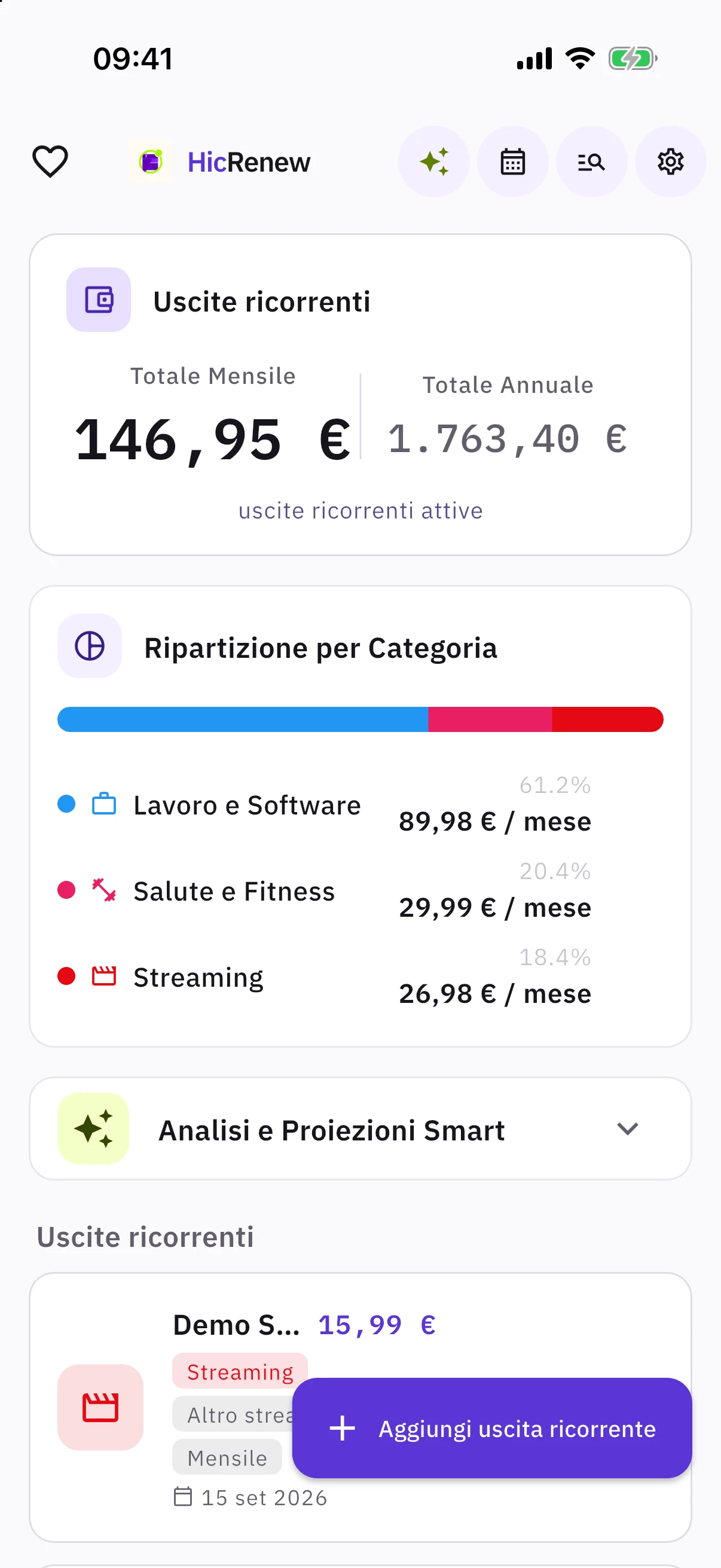 Interfaccia dell’app HicRenew
