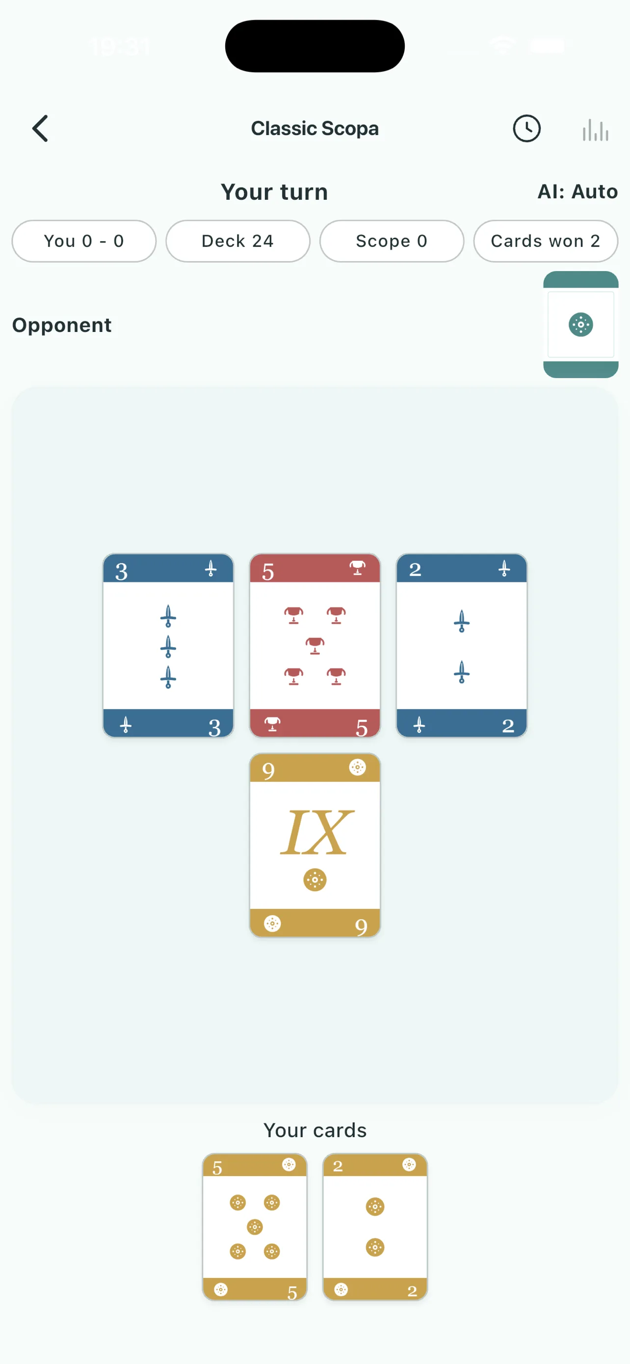 Pure Scopa mobile app interface